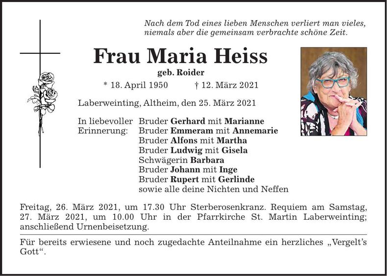 Traueranzeige Maria Heiss