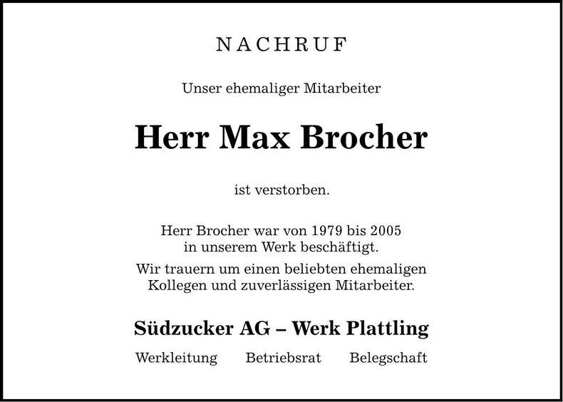 Traueranzeige Max Brocher