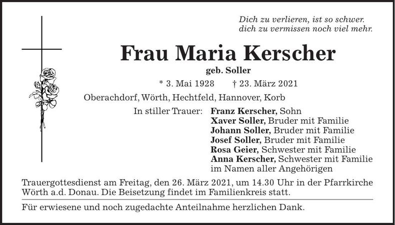 Traueranzeige Maria Kerscher