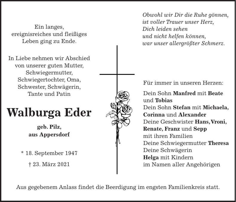 Traueranzeige Walburga Eder