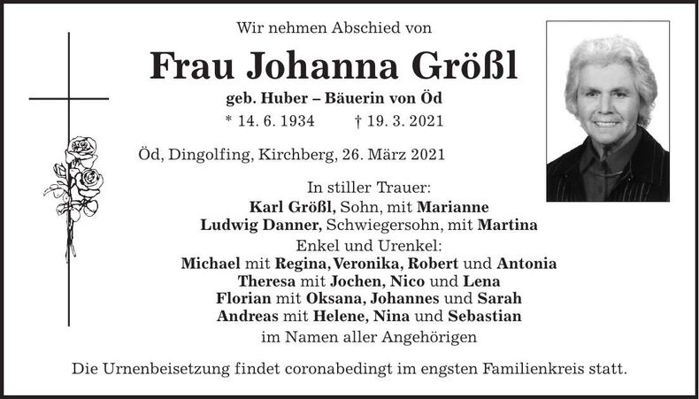 Traueranzeige Johanna Größl