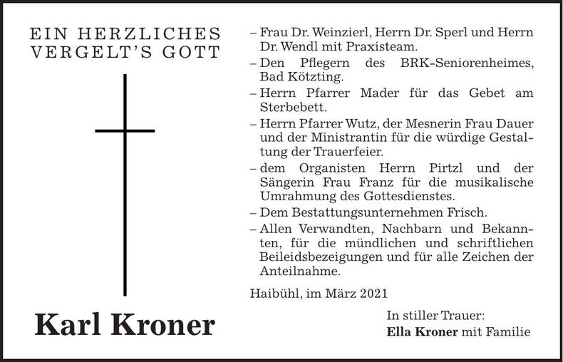 Traueranzeige Karl Kroner