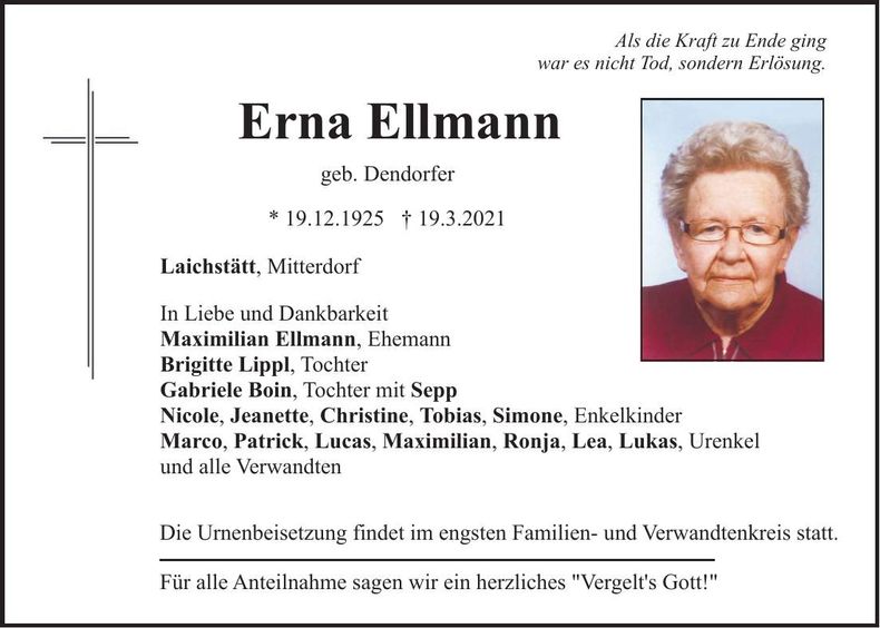 Traueranzeige Erna Ellmann