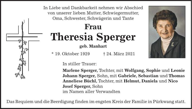 Traueranzeige Theresia Sperger