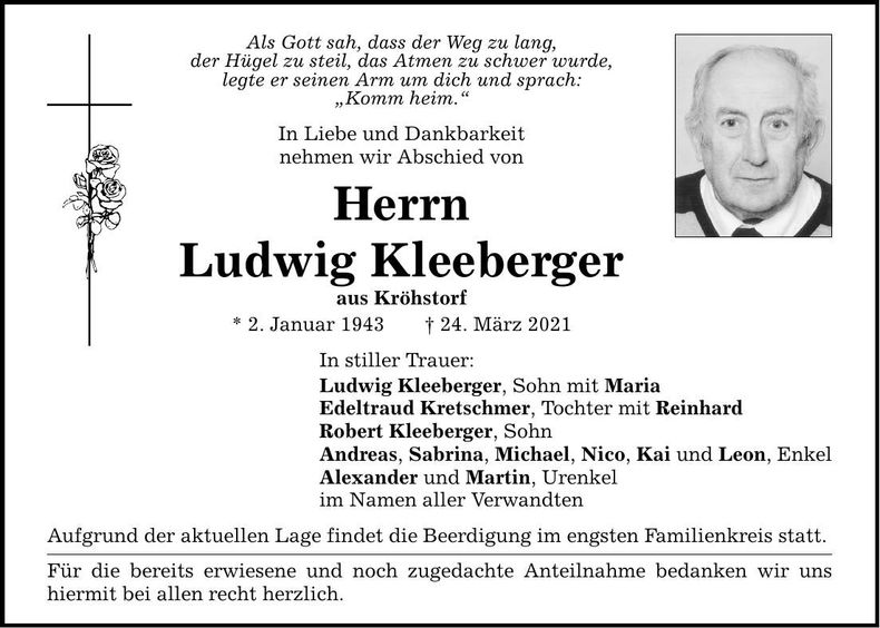 Traueranzeige Ludwig Kleeberger