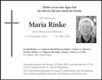 Traueranzeige Maria Rinke