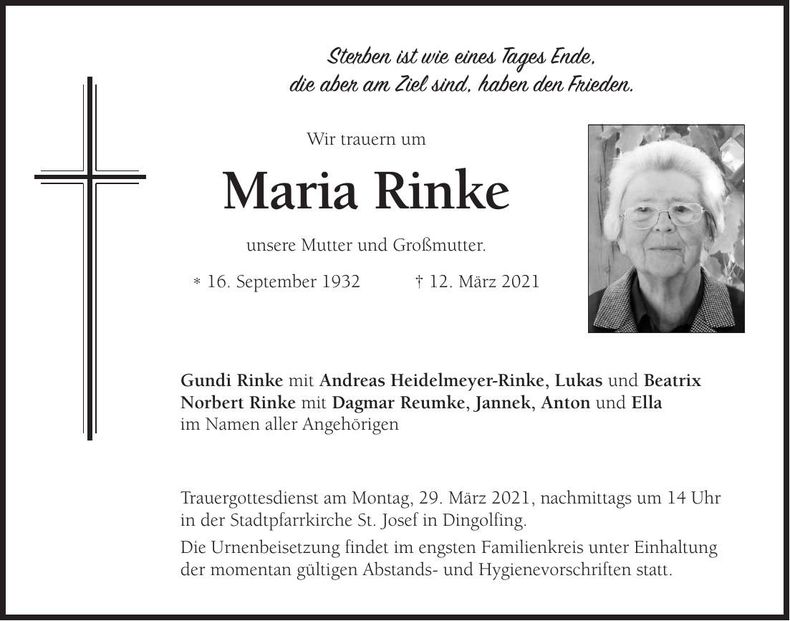 Traueranzeige Maria Rinke