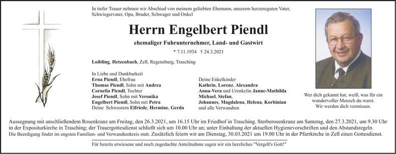 Traueranzeige Engelbert Piendl