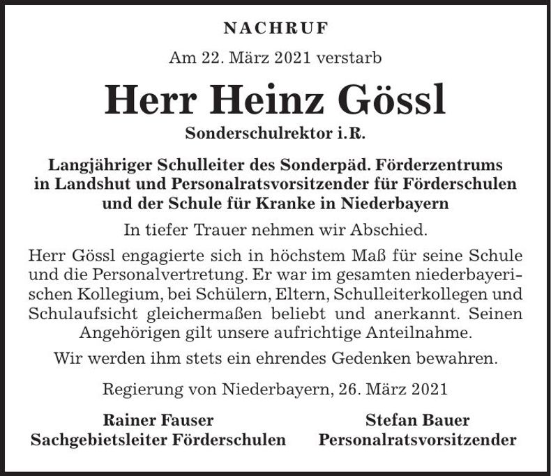 Traueranzeige Heinz Gössl