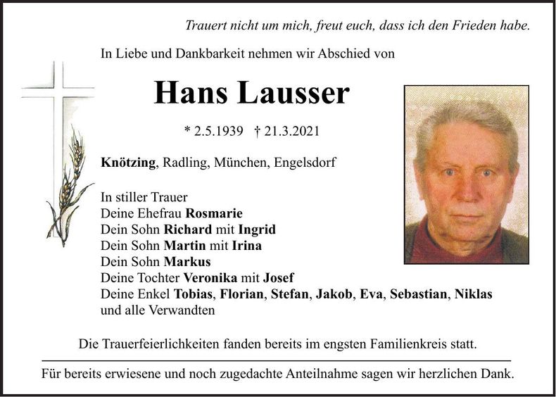 Traueranzeige Hans Lausser