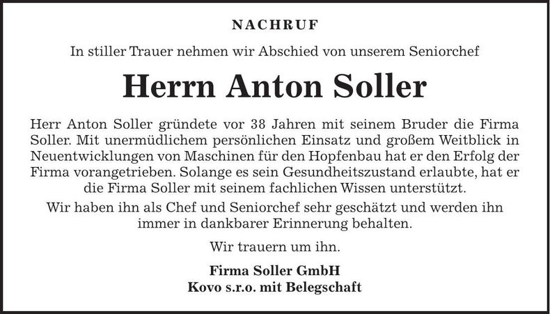 Traueranzeige Anton Soller