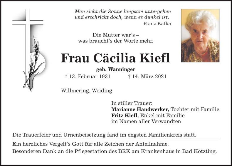 Traueranzeige Cäcilia Kiefl