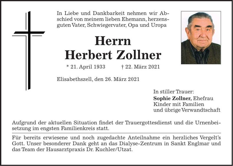 Traueranzeige Herbert Zollner