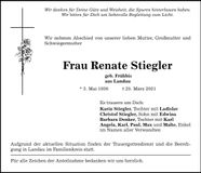 Traueranzeige Renate Stiegler