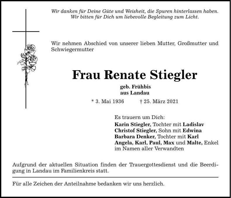 Traueranzeige Renate Stiegler
