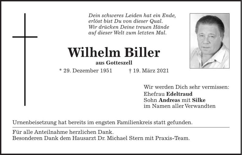 Traueranzeige Wilhelm Biller