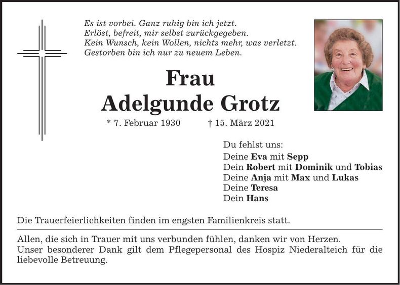 Traueranzeige Adelgunde Grotz