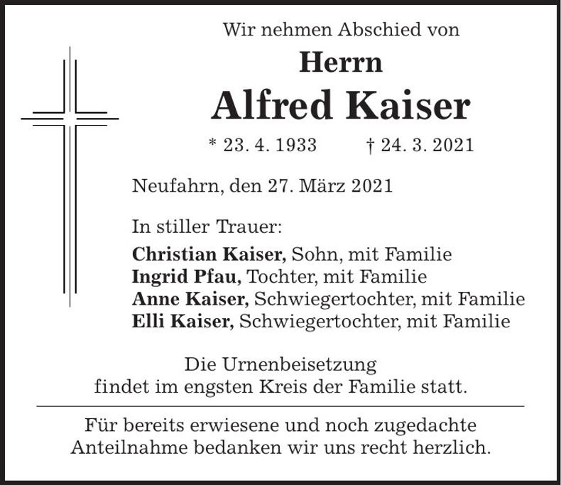 Traueranzeige Alfred Kaiser