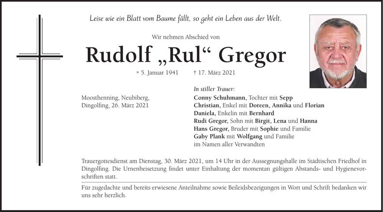 Traueranzeige Rudolf Gregor