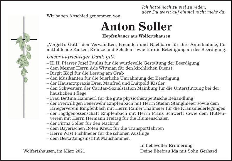 Traueranzeige Anton Soller