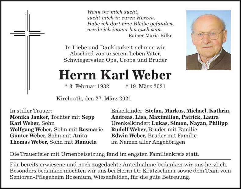 Traueranzeige Karl Weber