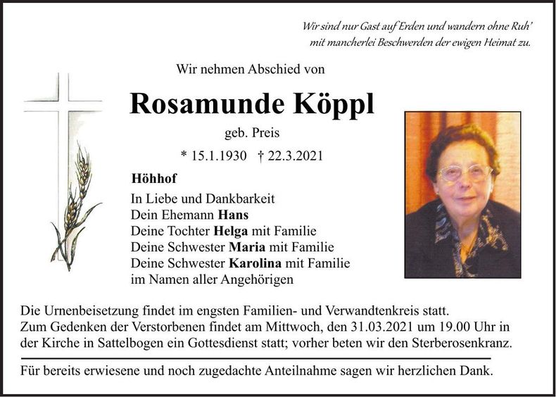 Traueranzeige Rosamunde Köppl