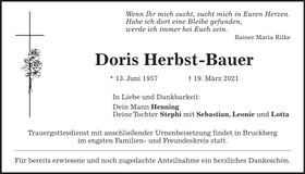 Traueranzeige Doris Herbst-Bauer