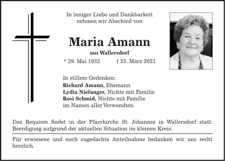 Traueranzeige Maria Amann