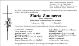 Traueranzeige Maria Zimmerer