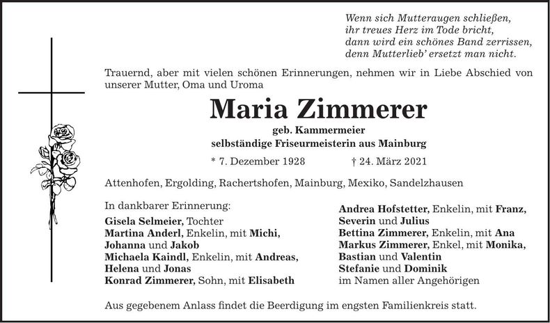 Traueranzeige Maria Zimmerer