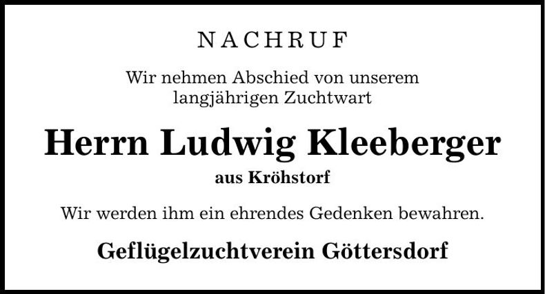 Traueranzeige Ludwig Kleeberger