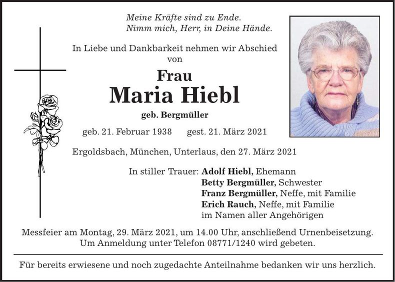 Traueranzeige Maria Hiebl