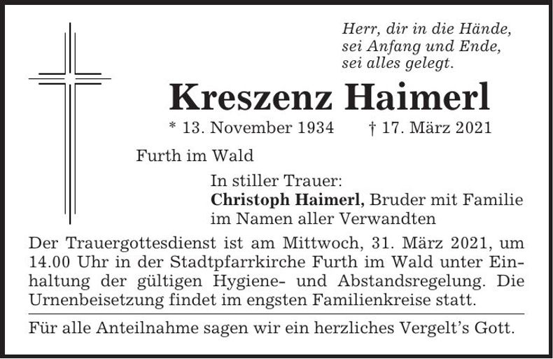 Traueranzeige Kreszenz Haimerl