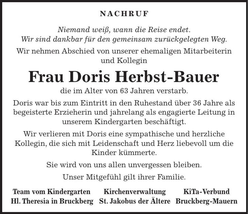 Traueranzeige Doris Herbst-Bauer