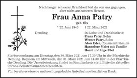 Traueranzeige Anna Patry