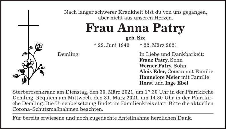 Traueranzeige Anna Patry
