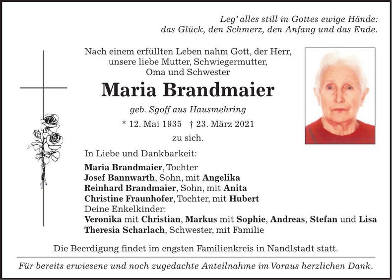 Traueranzeige Maria Brandmaier