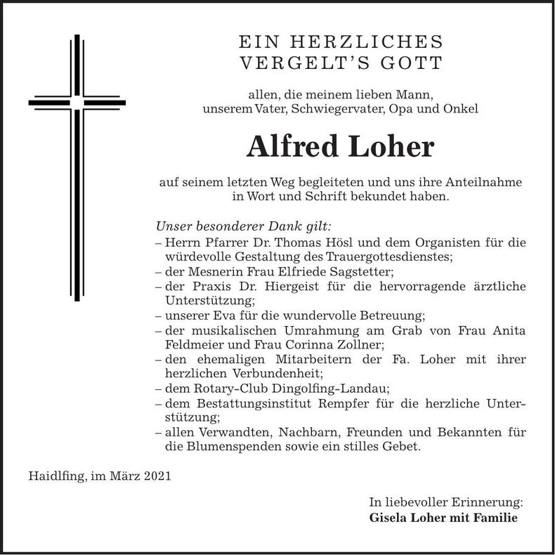 Traueranzeige Alfred Loher