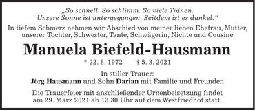 Traueranzeige Manuela Bielfeld-Hausmann