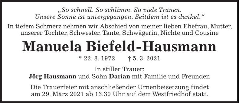 Traueranzeige Manuela Bielfeld-Hausmann