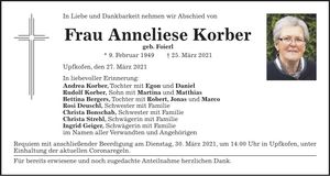 Traueranzeige Anneliese Korber