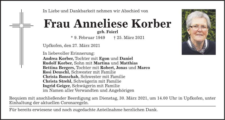 Traueranzeige Anneliese Korber