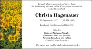 Traueranzeige Christa Hagenauer