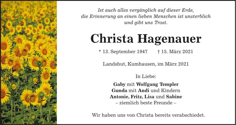 Traueranzeige Christa Hagenauer