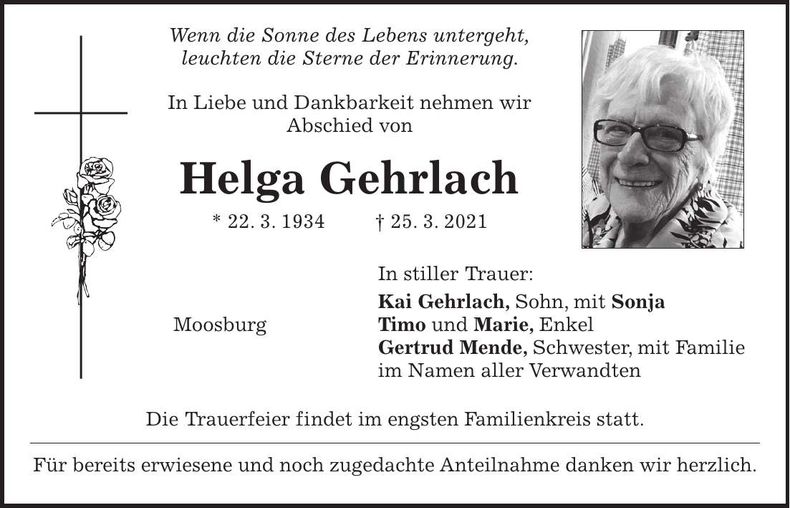 Traueranzeige Helga Gehrlach