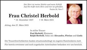 Traueranzeige Christel Herbold