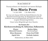 Traueranzeige Eva-Maria Prem
