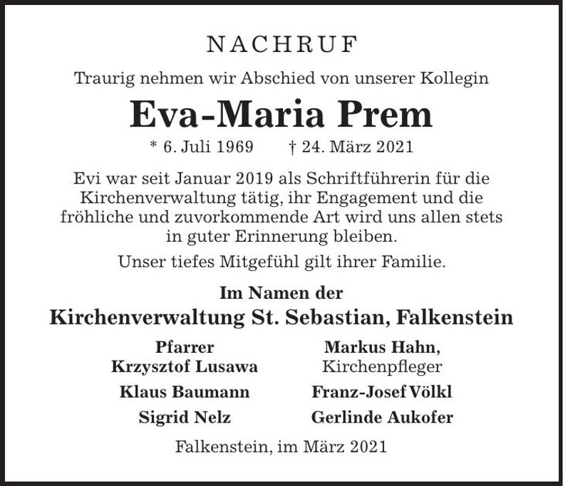 Traueranzeige Eva-Maria Prem