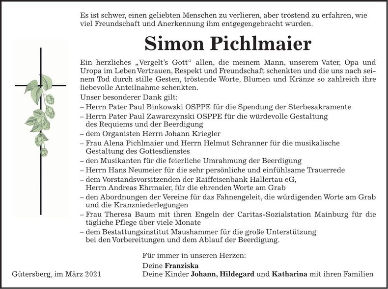 Traueranzeige Simon Pichlmaier
