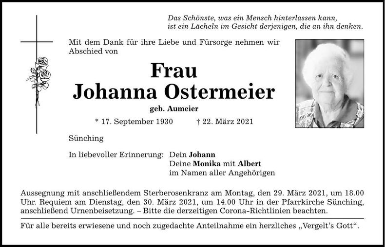 Traueranzeige Johanna Ostermeier